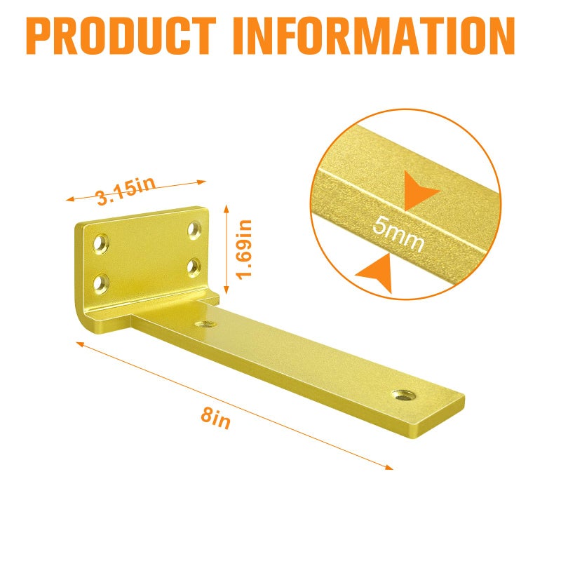 Aunulahca Floating Shelf Bracket 8inch 4 Pack L Brackets for Shelves Gold Metal Heavy Duty Shelf Brackets for DIY Decorative with Mounting Hardware - Image 4